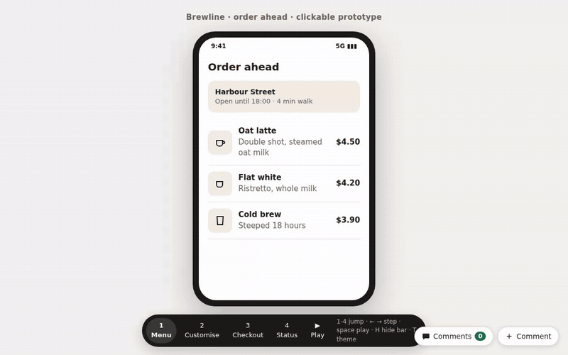 Prototype pesan kopi diklik dari menu ke pilihan ukuran, lalu satu komentar ditempel di bagian ukuran dan muncul di daftar komentar