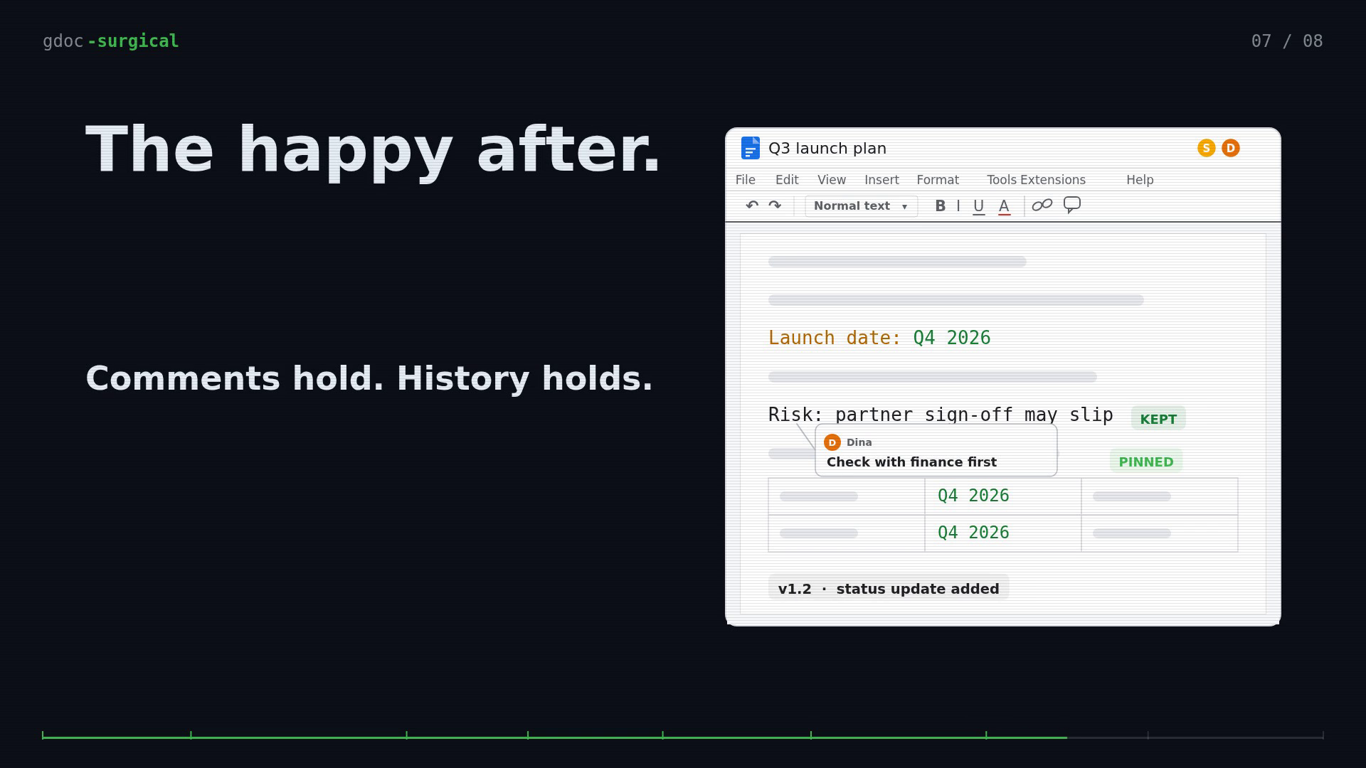 Satu detik dari video aslinya: panel dokumen digambar rapi, komentar rekan tetap nempel, tulisan “The happy after.” di kiri