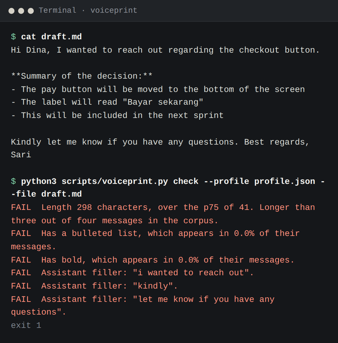Terminal: voiceprint check menahan draft AI dengan enam alasan, dari panjang 298 karakter sampai kata basa-basi asisten