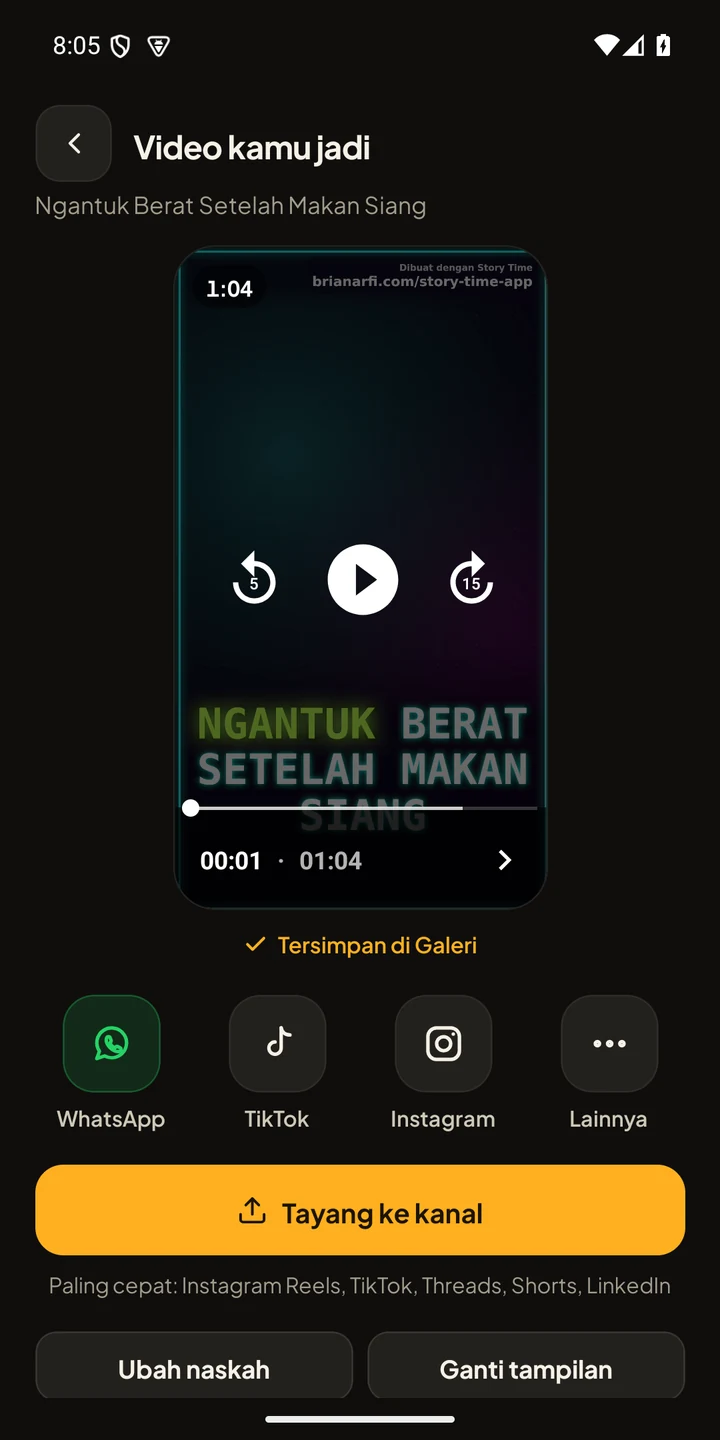 Tangkapan layar Story Time: videonya udah jadi dan kesimpen di Galeri